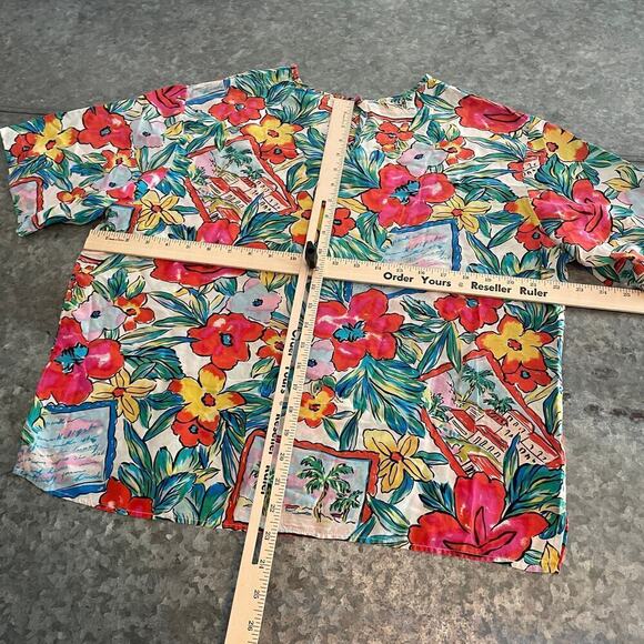 Vintage SILK Robbie Bee Postcard Tropical Floral Shirt Womens M/L Aloha Relaxed - Picture 6 of 8